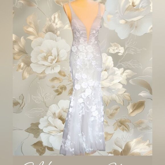 Stunning High Low Tulle With Flower Applique Overlay Gray Mermaid Fit Wedding Dr - Picture 2 of 15